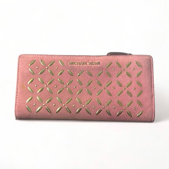 Michael Kors Cell Phone Wallet Clutch in Pink Suede with Gold Metallic Detail - Picture 1 of 3